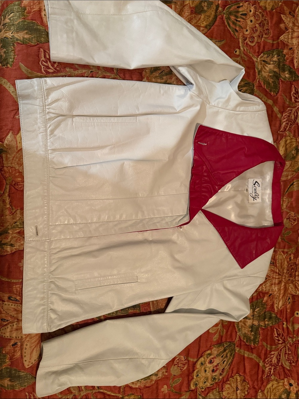 Scully White Faux Leather Jacket with Red Contrast Collar